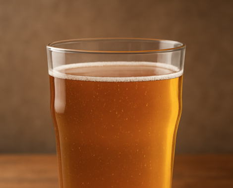 Ein Glas goldenes Bier mit keiner Schaumkrone auf einem Holztisch.